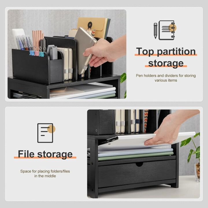 Bamboo Desk Organizer with Drawer & Adjustable Holder