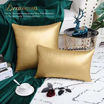 BRAWARM Faux Leather Throw Pillow Covers 18 X 18 Inches - Gold Leather Pilow Covers Pack of 2, Solid Dyed Leather Pillowcases for Couch Bed Sofa Garden Home Decorative