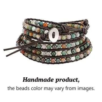 Emibele Leather Wrap Bracelets for Women, Handmade Agate Beaded Layered Bracelets Boho Jewelry Wrist Accessory for Lady Adult, Green