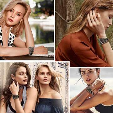 Emibele Leather Wrap Bracelets for Women, Handmade Agate Beaded Layered Bracelets Boho Jewelry Wrist Accessory for Lady Adult, Green