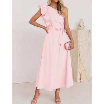 ZESICA Women's Summer One Shoulder Ruffle Dress Sleeveless Empire Waist Boho Flowy Maxi Dresses,Pink,Medium