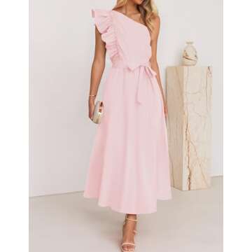 ZESICA Women's Summer One Shoulder Ruffle Dress Sleeveless Empire Waist Boho Flowy Maxi Dresses,Pink,Medium