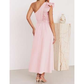 ZESICA Women's Summer One Shoulder Ruffle Dress Sleeveless Empire Waist Boho Flowy Maxi Dresses,Pink,Medium