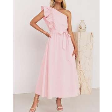 ZESICA Women's Summer One Shoulder Ruffle Dress Sleeveless Empire Waist Boho Flowy Maxi Dresses,Pink,Medium