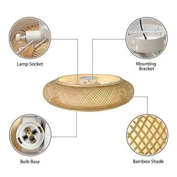 RUNNUP Vintage Ceiling Lighting Fixtures Drum Shape Flush Mount Ceiling Light Creative Decoration Art Bamboo Light Handmade Industrial Lighting for Living Room, Bedroom, Balcony 15.75inch