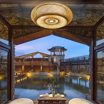 RUNNUP Vintage Ceiling Lighting Fixtures Drum Shape Flush Mount Ceiling Light Creative Decoration Art Bamboo Light Handmade Industrial Lighting for Living Room, Bedroom, Balcony 15.75inch