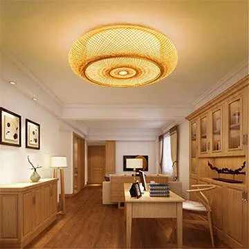 RUNNUP Vintage Ceiling Lighting Fixtures Drum Shape Flush Mount Ceiling Light Creative Decoration Art Bamboo Light Handmade Industrial Lighting for Living Room, Bedroom, Balcony 15.75inch