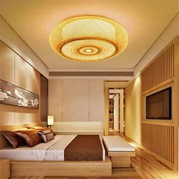 RUNNUP Vintage Ceiling Lighting Fixtures Drum Shape Flush Mount Ceiling Light Creative Decoration Art Bamboo Light Handmade Industrial Lighting for Living Room, Bedroom, Balcony 15.75inch