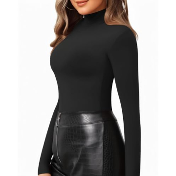 MANGOPOP Women's Mock Turtle Neck Slim Fit Long Half Short Sleeve T Shirt Tight Tops Tee