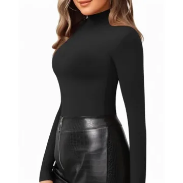 MANGOPOP Women's Mock Turtle Neck Slim Fit Long Half Short Sleeve T Shirt Tight Tops Tee