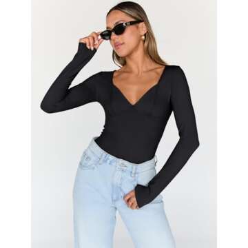 Trendy Queen Womens Tops Trendy Fashion Clothes Going Out Long Sleeve Shirts V Neck Basic Y2K Cute S...