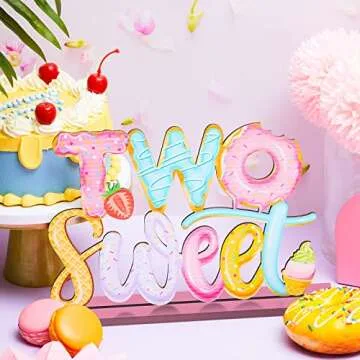 Donut Two Sweet Letter Sign Wooden Table Centerpieces 2st Donut Party Decorations for Baby Shower Boys Girls Birthday Party Supplies Decor Photo Props Kids