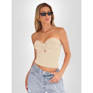 EFAN Womens Tube Tops Going Out Cut Out Twist Knot Front Bandeau Ribbed Knit Y2K Strapless Tank Bustier Corset Tops Beige S