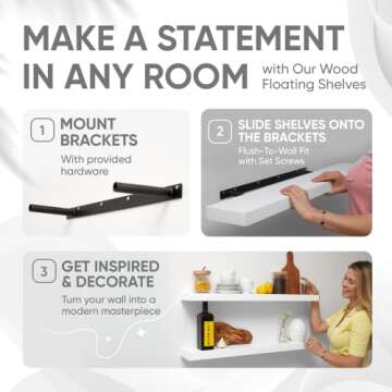 Homeforia White Floating Shelves 36 Inches Long, Premium Solid Wood, Long White Floating Shelves for Living Room, Heavy Duty Bracket, 36 x 6.5 x 1.75 inch, Set of 2