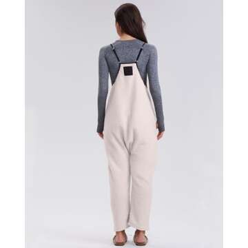 Gacaky Womens Fleece Overalls Loose Fit Adjustable Strap Fleece Jumpsuits Rompers Fall Winter Warm Fashion Work Outfits with Pocket Beige L