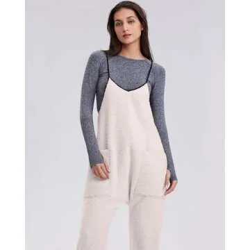 Gacaky Womens Fleece Overalls Loose Fit Adjustable Strap Fleece Jumpsuits Rompers Fall Winter Warm Fashion Work Outfits with Pocket Beige L