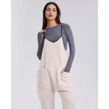 Gacaky Womens Fleece Overalls Loose Fit Adjustable Strap Fleece Jumpsuits Rompers Fall Winter Warm Fashion Work Outfits with Pocket Beige L