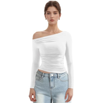 MISS MOLY Women's Off Shoulder Asymmetrical Tops Y2K Ruched Slim Sexy Cropped Long Sleeve Tee Shirts...