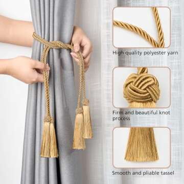 NICEEC 2 Pack Double-Ended Tassel Curtain Tiebacks Handmade Braided Rope Knot Drapery Holdbacks Euro...