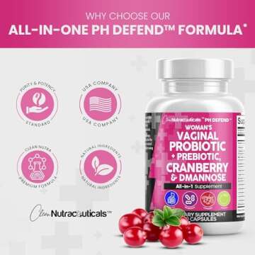 Clean Nutraceuticals Vaginal Probiotics for Women + Prebiotics 20 Billion Cranberry Pills w/D-Mannose 500 mg for Urinary Tract Health pH Balance - for Vaginal Health Supplements Pills - 1 Pack