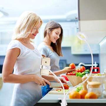 Velouer Selfie Ring Light with Cell Phone Holder Stand for Live Stream/Makeup, LED Camera Lighting [3-Light Mode] with Flexible Arms Compatible with iPhone 8 7 6 Plus X Android (White)