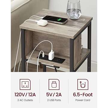 VASAGLE Side Table with Charging Station, 3-Tier End Table with USB Ports and Outlets, Nightstand for Living Room, Bedroom, 11.8 x 13.4 x 22.8 Inches, Plug-in Series, Greige and Black