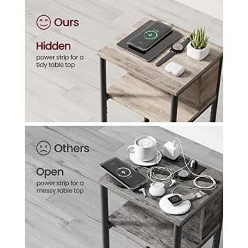 VASAGLE Side Table with Charging Station, 3-Tier End Table with USB Ports and Outlets, Nightstand for Living Room, Bedroom, 11.8 x 13.4 x 22.8 Inches, Plug-in Series, Greige and Black