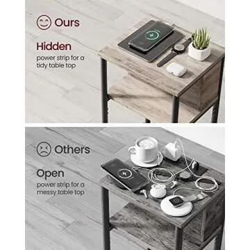 VASAGLE Side Table with Charging Station, 3-Tier End Table with USB Ports and Outlets, Nightstand for Living Room, Bedroom, 11.8 x 13.4 x 22.8 Inches, Plug-in Series, Greige and Black