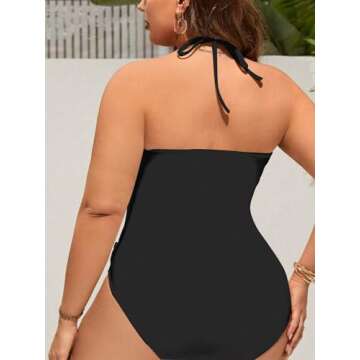 BEAUDRM Women's Plus Size 3D Flower One Piece Swimsuit Halter Cut Out Swimwear Black 2XL