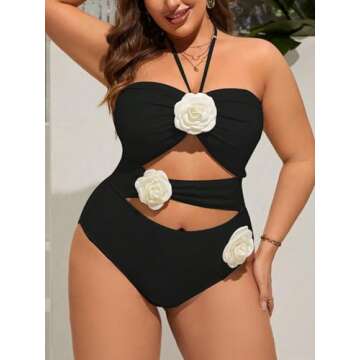 BEAUDRM Women's Plus Size 3D Flower One Piece Swimsuit Halter Cut Out Swimwear Black 2XL