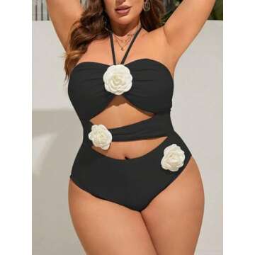 BEAUDRM Women's Plus Size 3D Flower One Piece Swimsuit Halter Cut Out Swimwear Black 2XL