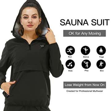365 DAYS Sauna Suit for Women Weight Loss Sweat Suit Slim Fitness Clothes (Black top ONLY, Top only - L)