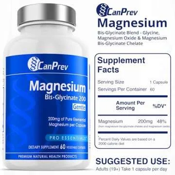CanPrev Magnesium BisGlycinate 200mg Gentle 60 Veg Caps, 60-Day Supply, Chelated Magnesium Supplement for Bone & Muscle Support, Easy to Digest, Promote Relaxation & Comfort, Vegan, Non-GMO, No Sugar