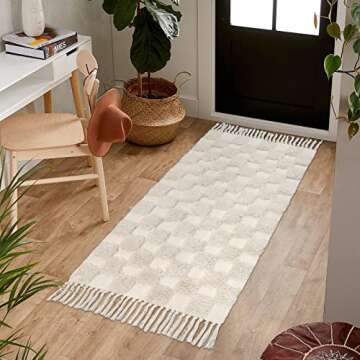 Lanffia Boho Checkered Tufted Rug - 2x4.3 Runner Rug Beige Hallway Runner Washable with Tassels Indoor Farmhouse Floor Carpet for Kitchen Bathroom Laundry Doorway Bedroom Living Room