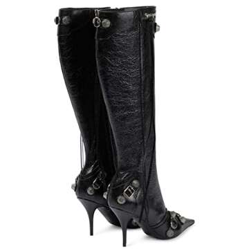 Kluolandi Women's Stiletto High Heel Knee High Boots with Tassel Pointed Toe Studded Zipper Black Boots for Women Size 9