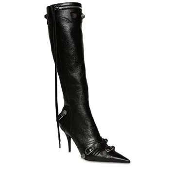 Kluolandi Women's Stiletto High Heel Knee High Boots with Tassel Pointed Toe Studded Zipper Black Boots for Women Size 9
