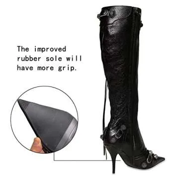 Kluolandi Women's Stiletto High Heel Knee High Boots with Tassel Pointed Toe Studded Zipper Black Boots for Women Size 9