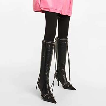 Kluolandi Women's Stiletto High Heel Knee High Boots with Tassel Pointed Toe Studded Zipper Black Boots for Women Size 9