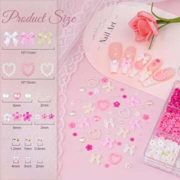 3D Nail Charms and Gems Set 7, 20PCS Chunky Butterfly Charms + 75PCS Coquette Nail Bows and Hearts + 3D Flowers for Nails with Rhinestones, Pearls, Diamonds and Picker Tools for Y2K Nail Decor