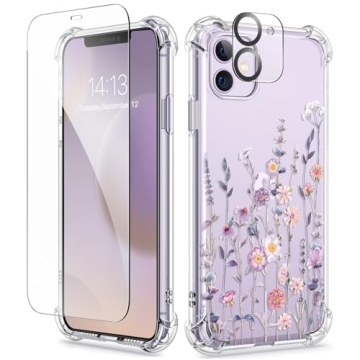 GVIEWIN iPhone 11 Case with Screen & Camera Protector - Clear Soft TPU Flower Design
