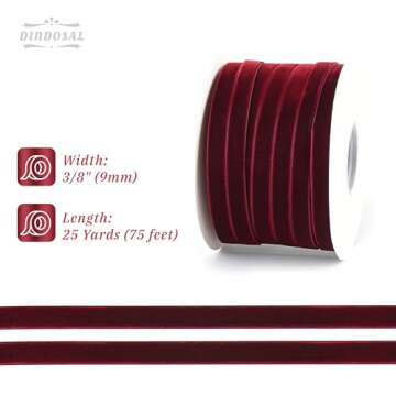 DINDOSAL Burgundy Velvet Ribbon 3/8 Inch Single Face Thin Velvet Ribbon for Gift Wrapping, Maroon Ribbon for Christmas Decoration, Wedding, Ribbon for Hair Bows, Choker, Cafts, Bouquet - 25 Yards