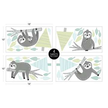 Sweet Jojo Designs Blue Jungle Sloth Large Peel and Stick Wall Decal Stickers Art Nursery Decor Mural - Set of 4 Sheets - Turquoise, Grey, Green Tropical Botanical Rainforest Trees for Pink Collection