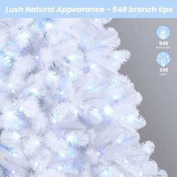 SHareconn 6ft Prelit Premium Artificial Hinged Full Christmas Tree with 250 Multi-Color Changing RGB Lights, 952 PVC Branch Tips, Remote Control Pre-Lit Tree for Xmas Decoration, White