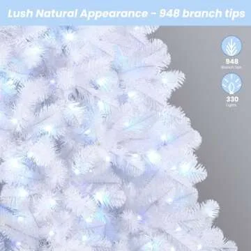 SHareconn 6ft Prelit Premium Artificial Hinged Full Christmas Tree with 250 Multi-Color Changing RGB Lights, 952 PVC Branch Tips, Remote Control Pre-Lit Tree for Xmas Decoration, White