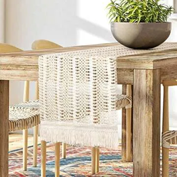 OurWarm Boho Table Runners 72 Inches Long, Cotton Macrame Table Runner Crochet Lace, Woven Table Runner with Tassels for Bohemian Wedding Bridal Shower Home Rustic Farmhouse Dining Table Decor