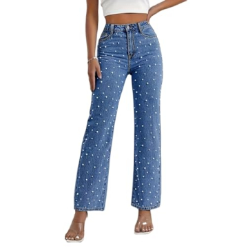EZAPINE Womens Denim Jeans Straight Leg Pearls Beaded High Waist Pants Flare Stretch Elegant Casual ...