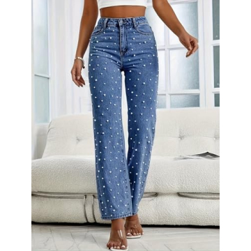 EZAPINE Womens High Waist Denim Jeans with Pearl Details