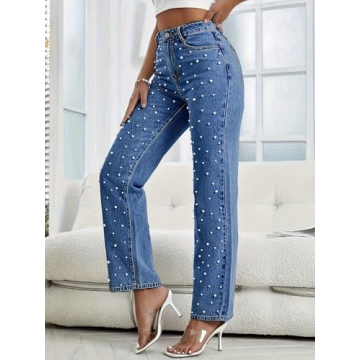 EZAPINE Womens High Waist Denim Jeans with Pearl Details