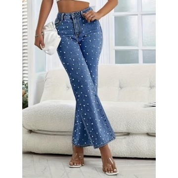 EZAPINE Womens High Waist Denim Jeans with Pearl Details