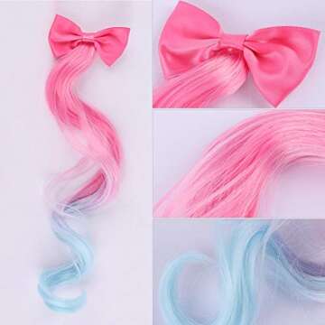 6 Pcs Colored Kids Hair Extensions with Cute Clips Bows for Little Girls Toddler Party Birthday Hair Accessories